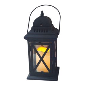  Lámpás, MagicHome LM3609, 14 × 14 × 30 cm, fekete, LED, 3 × AAA elemekkel, fém, beltéri, vintage stílusú, gyertyával