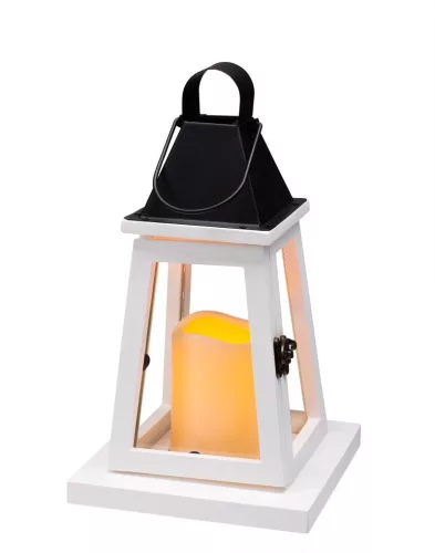 Lámpás, MagicHome LW8823, 17 x 17 x 33 cm, fehér, LED, 3 x AAA elemekkel, fa, beltéri, vintage stílusú, gyertyával (TC2170323)