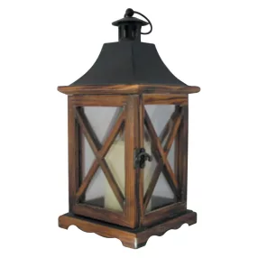   Lámpás, MagicHome LW8834, 16 x 16 x 35 cm, barna, LED, 3 x AAA elemekkel, fa, beltéri, vintage stílusú, gyertyával (TC2170324)