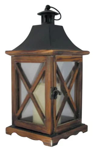 Lámpás, MagicHome LW8834, 16 x 16 x 35 cm, barna, LED, 3 x AAA elemekkel, fa, beltéri, vintage stílusú, gyertyával (TC2170324)