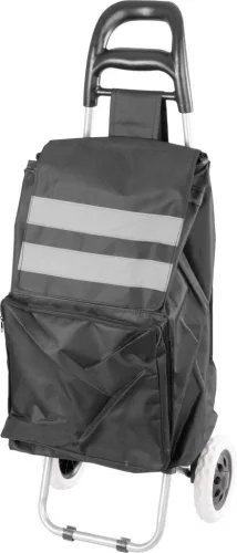 Strend Pro Demeter kerekes bevásárlókocsi, fekete, 35 x 30 x 96 cm, 30 kg teherbírású, acél vázzal és vízálló anyaggal, fényvisszaverő csíkokkal