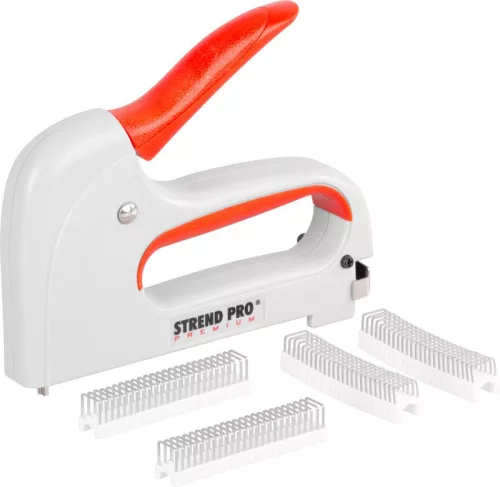 Kézi tűzőgép, Strend Pro Premium CT667, fehér, 6–8 mm kapocshossz, A típusú kapcsokhoz, műanyag burkolat, acél mechanika, kábelrögzítő