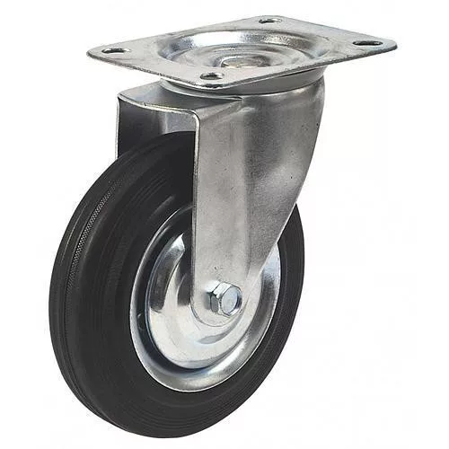 Kerék, Renost 521 XD-V100C z, fekete/ezüst, átmérő: 100 mm, forgó, gumi futófelület, acél ház, acél felni, tűgörgős csapágy, maximum 60 kg teherbírás