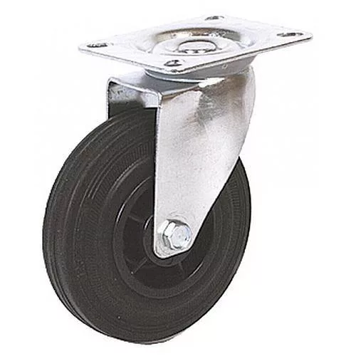 Kerék, Renost 521 NL-V100C, fekete/ezüst, átmérő: 100 mm, forgó, gumi futófelület, acél ház, PP felni, tűgörgős csapágy, maximum 60 kg teherbírás