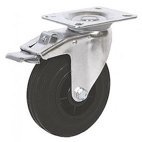   Kerék, Renost 521F NL-V100C, fekete/ezüst, átmérő: 100 mm, forgó, fékes, gumi futófelület, acél ház, PP felni, tűgörgős csapágy, maximum 60 kg teherbírás