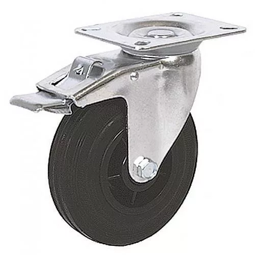 Kerék, Renost 521F NL-V100C, fekete/ezüst, átmérő: 100 mm, forgó, fékes, gumi futófelület, acél ház, PP felni, tűgörgős csapágy, maximum 60 kg teherbírás