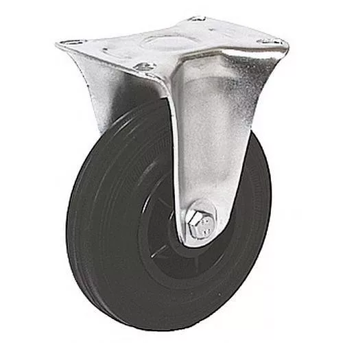 Kerék, Renost 531 NL-V125C, fekete/ezüst, átmérő: 125 mm, fix, gumi futófelület, acél ház, PP felni, tűgörgős csapágy, maximum 100 kg teherbírás