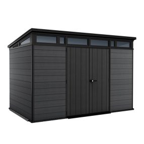   Kerti ház, Keter Cortina 11 x 7, 342 x 218 x 226 cm, szürke, időjárásálló műanyag falpanel, dupla ajtó, felső ablakok, beépített szellőzők