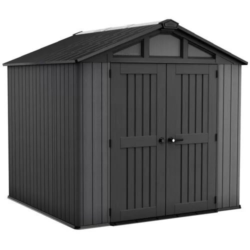 Kerti ház, Keter Stronghold 8 x 8, 254 × 228,6 × 220 cm, szürke, időjárásálló műanyag falpanel, dupla ajtó, felső ablakok