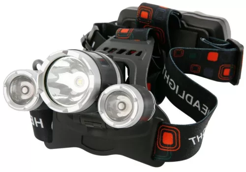 Fejlámpa, Strend Pro, HeadLight H931R, fekete, 1200 mAh, T6+2 XPE LED, 300 lm, 200 m hatótáv, vízálló, akkumulátoros, USB töltés, 4 világítási mód