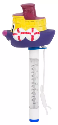 Medence hőmérő, Strend Pro, sárga/lila, Hajó figurával, úszó, Celsius és Fahrenheit skála, rögzítő szalaggal, pontos mérés