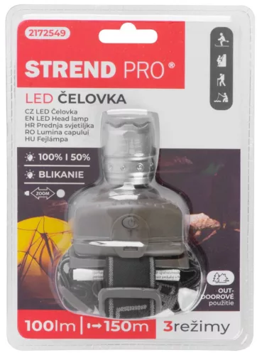 Fejlámpa, Strend Pro Headlight H833, szürke, 100 lm fényerő, 2 W, Cree LED, zoom funkció, 3 világítási mód, 150 m hatótáv, elemes (3 × AAA), ultrakönnyű