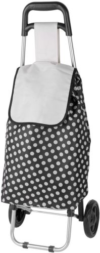 Strend Pro kerekes bevásárlókocsi, fekete-fehér pöttyös, 35 x 30 x 94 cm, 20 kg teherbírású, acél vázzal, oldalsó cipzáras zsebbel és húzózsinóros tetőrésszel