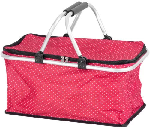 Strend Pro Jela összecsukható bevásárlókosár, piros mintás, 47 x 28 x 25 cm, 5 kg teherbírású, cipzáras fedéllel és két fogantyúval