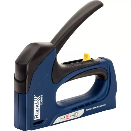 Kézi tűzőgép, szögbelövő, Rapid ALU953, sötétkék, 6-14 mm kapocshossz, 8-15 mm szeghossz, 53-as kapcsokhoz, alumínium burkolat, acél mechanika, kárpitos