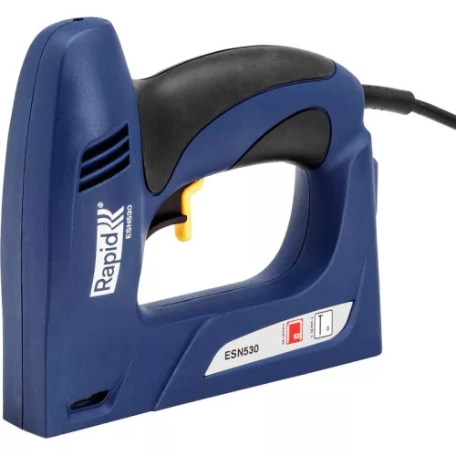 Elektromos tűzőgép, szögbelövő, Rapid ESN 530, sötétkék, 6-14 mm kapocshossz / 8-15 mm szeghossz, 53-as kapcsokhoz, műanyag burkolat, acél mechanika, kárpitos
