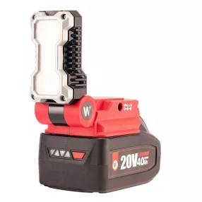   Munkalámpa, Worcraft CUA-S20Li ShareSYS, piros/szürke, 5 W, LED 400 lm, 20 V Li-Ion, USB-A/USB-C, 0–180° állítható fej