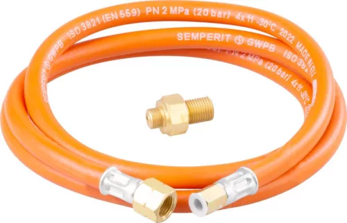 Összekötő készlet, Meva Olymp fűtőhöz és Dual Compact főzőhöz, 150 cm, 2 kg Propán-Bután palackhoz, G1/4L-M9 csatlakozó, 7/16-G1/4L szűkítő, tömlővel