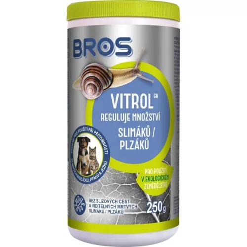 Csigairtó granulátum, Bros Vitrol, 250 g, vas-foszfát hatóanyag, ökológiai gazdálkodásban használható, kertbe és üvegházba