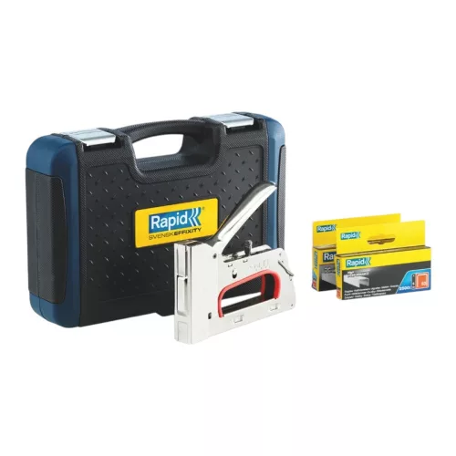 Kézi tűzőgép, Rapid R353, ezüst, 6–14 mm kapocshossz, 53-as kapcsokhoz, acél burkolat, acél mechanika, hordtáskával, kárpitos