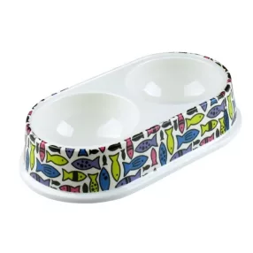   Tál, TATRAPET, fehér, 26,5 x 15 x 5,5 cm, 2 x 0,25 l, melamin, dupla kivitel, halas nyomott mintával, macskáknak és kisállatoknak