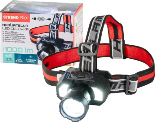 Fejlámpa, Strend Pro XL121807, fekete, 1000 lm, LED, zoom funkció, 1800 mAh Li-ion, USB töltés, akkumulátoros, állítható fejpánt