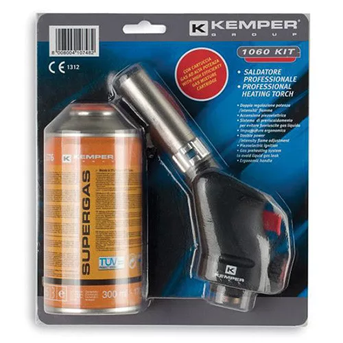 Forrasztólámpa, Kemper 1060KIT Superkit, fekete, piezo gyújtás, dőlésgátló rendszer, állítható láng, 7/16-os csatlakozás, menetes gázpatronos (175 g)