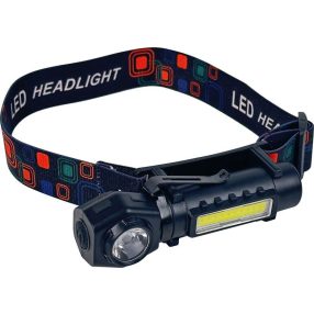   Fejlámpa, Strend Pro XL0702, fekete, 11 x 3,4 cm, 3W, XPE + COB, 200 lm, 1200 mAh, levehető fejjel