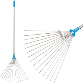   Lombseprű, gereblye, Aquacraft 380310 Prémium, ezüst/kék, 15 fogú, acél fej, alumínium nyél, 30–50 cm munkaszélesség, 152 cm nyél, állítható szélesség