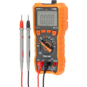   Multiméter, Strend Pro Premium T28B, fekete/narancssárga, egyenfeszültség, váltófeszültség, egyenáram, váltóáram, ellenállás, kapacitás, hőmérséklet, érintésmentes, elemes (4 db AAA, tartozék)