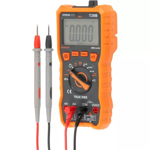 Multiméter, Strend Pro Premium T28B, fekete/narancssárga, egyenfeszültség, váltófeszültség, egyenáram, váltóáram, ellenállás, kapacitás, hőmérséklet, érintésmentes, elemes (4 db AAA, tartozék)