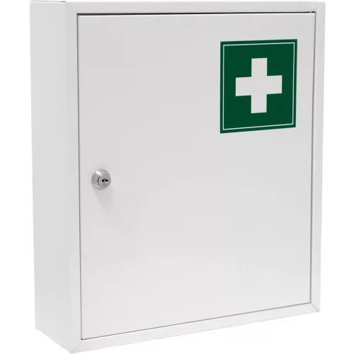 Elsősegélydoboz, Strend Pro Medic, fehér, 31 x 10 x 36 cm, porszórt acél, falra szerelhető, kulcsos hengerzárral (TC219730)
