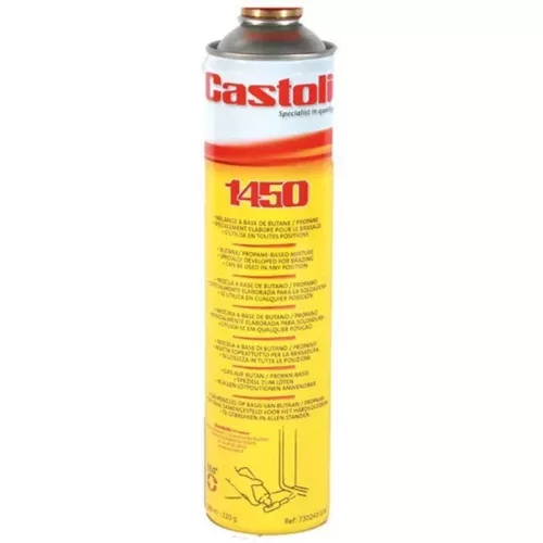 Hegesztő gázpalack, Castolin 1450, 600 ml, propán–bután–propilén keverék, kb. 1800 °C lánghőmérséklet