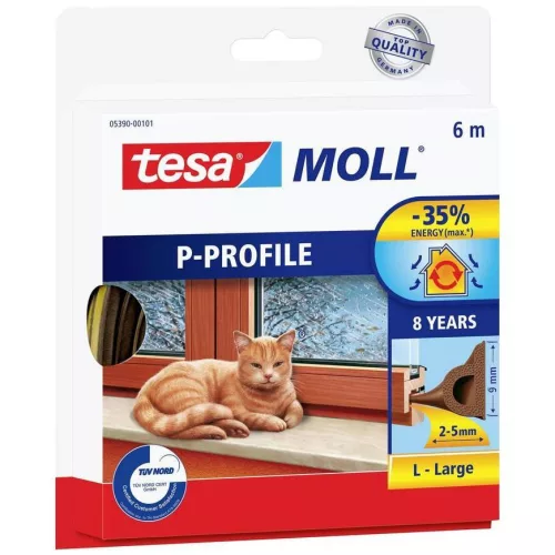 Ajtó és ablaktömítő gumicsík, TESA, barna, 9 x 5,5 mm, hosszúság: 6 m, kis hézagok (1 - 3,5 mm) tömítésére