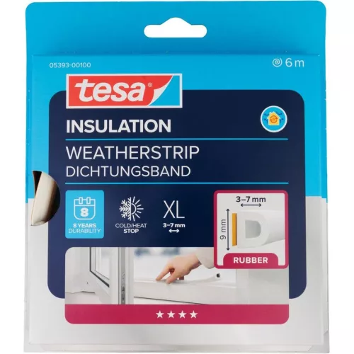 Ajtó és ablaktömítő gumicsík, TESA, fehér, 9 x 8,0 mm, hosszúság: 6 m, nagyon nagy hézagok (3 - 7 mm) tömítésére