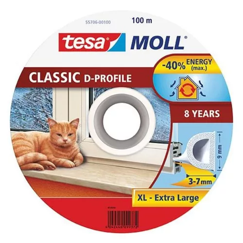 Ajtó és ablaktömítő gumicsík, TESA, fehér, 9 x 4,0 mm, hosszúság: 100 m, nagyon nagy hézagok (3 - 7,0 mm) tömítésére