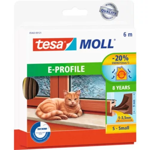 Ajtó és ablaktömítő gumicsík, TESA, barna, 9 x 4,0 mm, hosszúság: 6 m, kis hézagok (1 - 3,5 mm) tömítésére