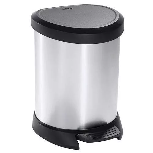 Szemeteskuka, Curver Deco Bin, 15 l, ezüst/fekete, pedálos, ujjlenyomatmentes, műanyag, fémhatású