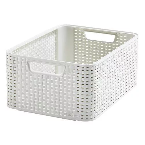 Tárolókosár, Curver Style2 M, krémszínű, 38 x 29 x 17 cm, egymásra rakható, műanyag, rattan hatású, fogantyúkkal, szögletes