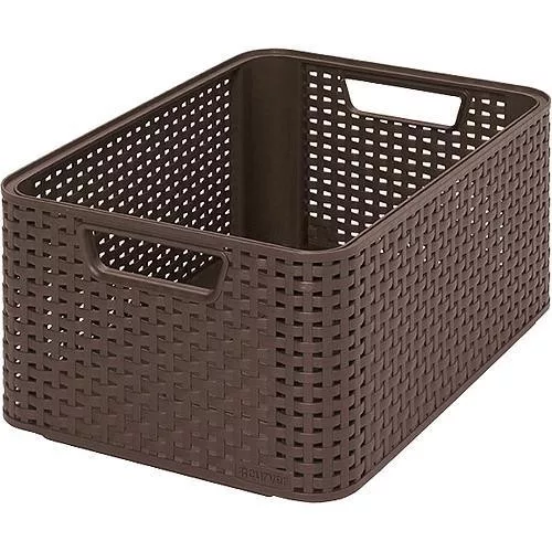Tárolókosár, Curver Style2 M, sötétbarna, 38 x 29 x 17 cm, egymásra rakható, műanyag, rattan hatású, fogantyúkkal, szögletes