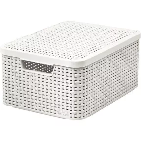   Tárolókosár, Curver Style2 Lid M, krémszínű, 38 x 29 x 17 cm, egymásra rakható, műanyag, rattan hatású, fogantyúkkal, fedeles, szögletes