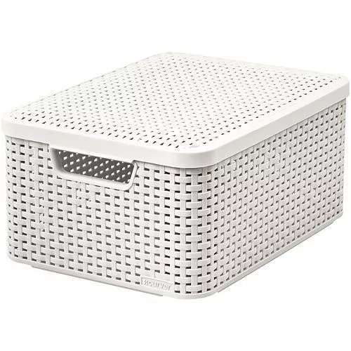 Tárolókosár, Curver Style2 Lid M, krémszínű, 38 x 29 x 17 cm, egymásra rakható, műanyag, rattan hatású, fogantyúkkal, fedeles, szögletes
