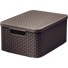   Tárolókosár, Curver Style2 Lid M, sötétbarna, 38 x 29 x 17 cm, egymásra rakható, műanyag, rattan hatású, fogantyúkkal, fedeles, szögletes