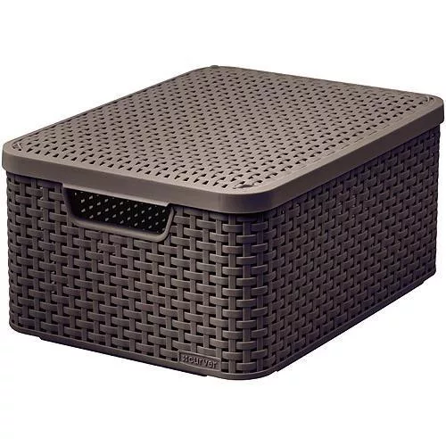 Tárolókosár, Curver Style2 Lid M, sötétbarna, 38 x 29 x 17 cm, egymásra rakható, műanyag, rattan hatású, fogantyúkkal, fedeles, szögletes