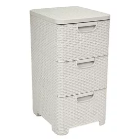   Komód, Curver Style, krémszínű, 33 × 60 × 38 cm, 3 fiókos, műanyag, rattan hatású, szögletes