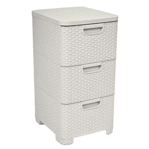 Komód, Curver Style, krémszínű, 33 × 60 × 38 cm, 3 fiókos, műanyag, rattan hatású, szögletes