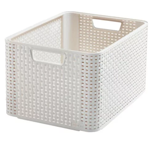 Tárolókosár, Curver Style L, krémszínű, 20 literes, 32,6 x 43,6 x 23 cm, egymásra rakható, rattan hatású, fogantyúkkal, szögletes