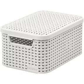   Tárolókosár, Curver Style2 Lid S, krémszínű, 29 × 20 × 14 cm, egymásra rakható, műanyag, rattan hatású, fogantyúkkal, fedeles, szögletes