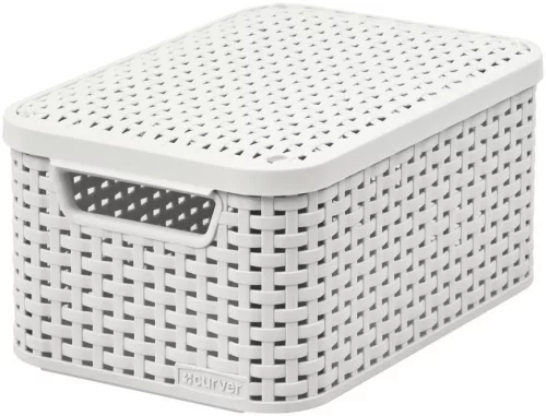 Tárolókosár, Curver Style2 Lid S, krémszínű, 29 × 20 × 14 cm, egymásra rakható, műanyag, rattan hatású, fogantyúkkal, fedeles, szögletes