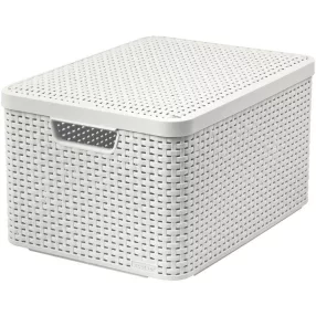   Tárolókosár, Curver Style2 Lid L, krémszínű, 45 x 25 x 33 cm, egymásra rakható, műanyag, rattan hatású, fogantyúkkal, fedeles, szögletes